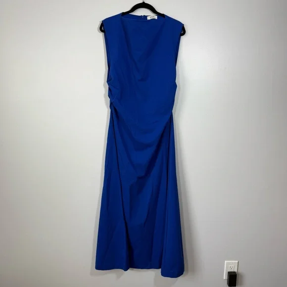 New Cos Gathered Midi Maxi Dress Blue Sleeveless Jersey Elastane Ruched Large - Picture 3 of 9